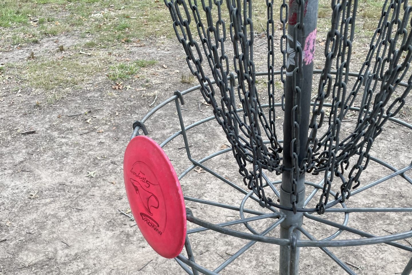 Crazy disc golf shot hanging from the basket